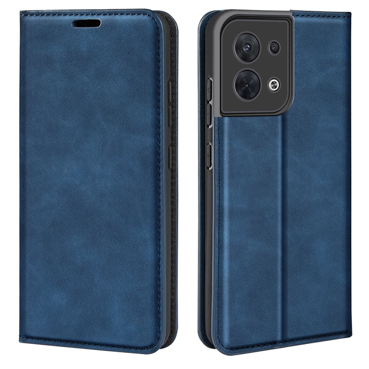 Dark blue leather magnetic suction flip phone case with stitched trim