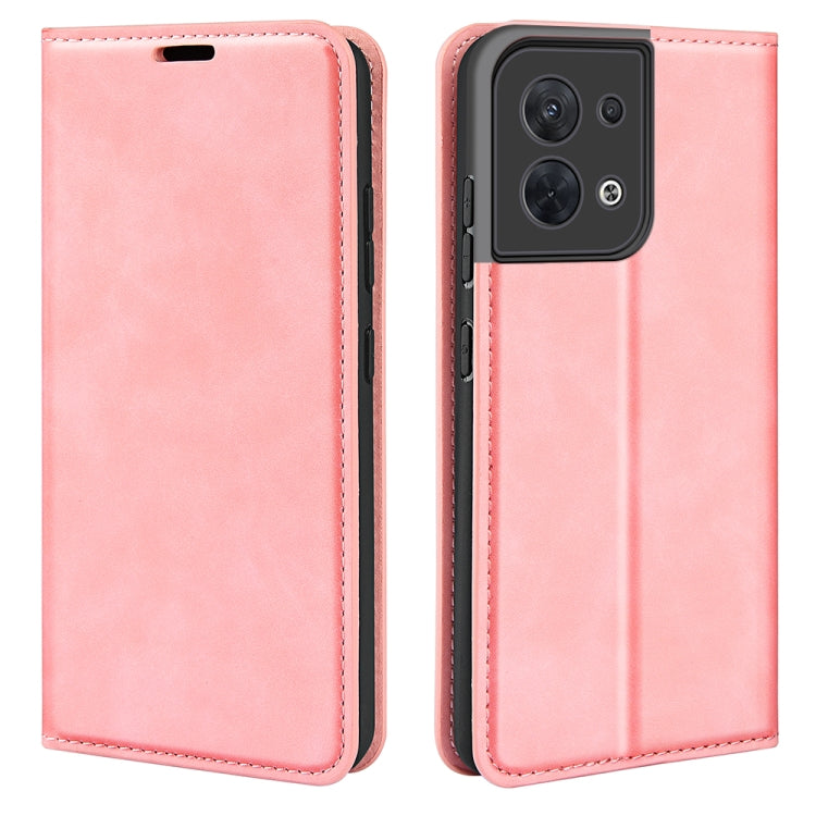 Pink leather magnetic suction flip phone case with stitched border