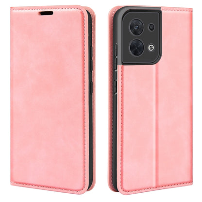 Pink leather magnetic suction flip phone case with stitched border