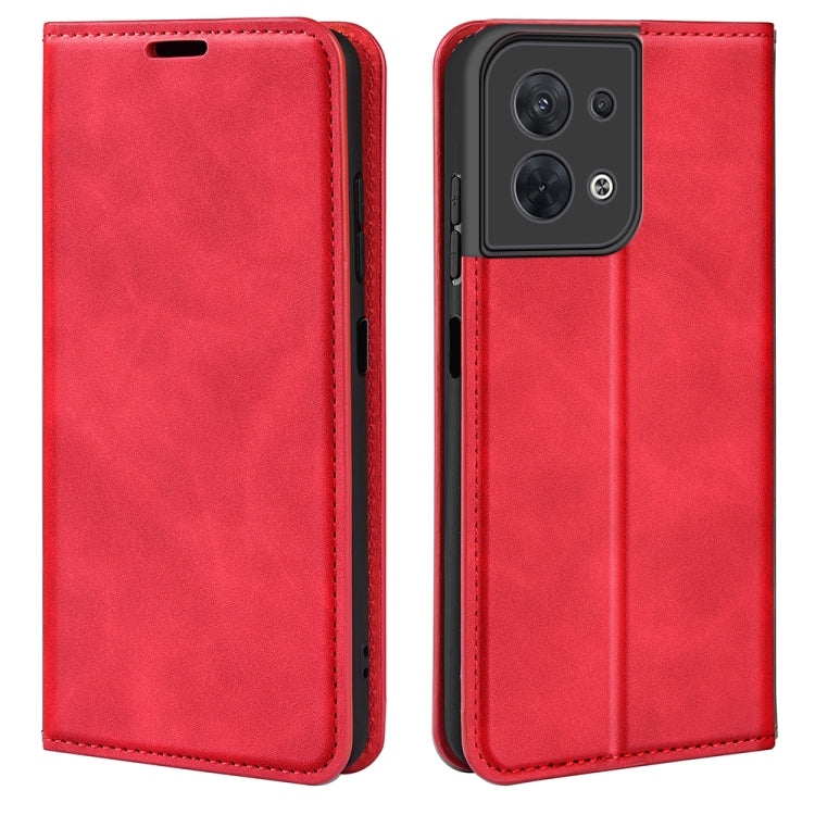 Red leather magnetic suction flip phone case with camera cutout and stitching