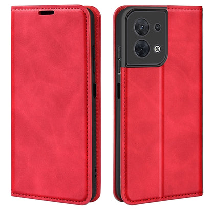 Red leather magnetic suction flip phone case with camera cutout and stitching