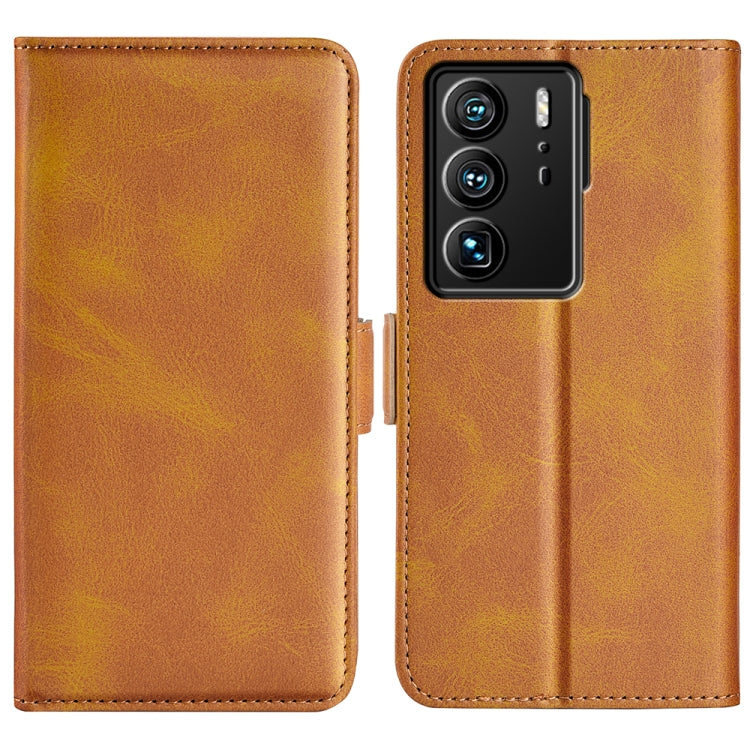 Brown leather flip phone case with magnetic side buckle, camera cutout, for ZTE Axon 40 Ultra