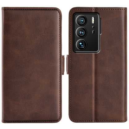 Dark brown leather phone wallet case with magnetic side buckle and stitched flip cover for ZTE Axon 40 Ultra