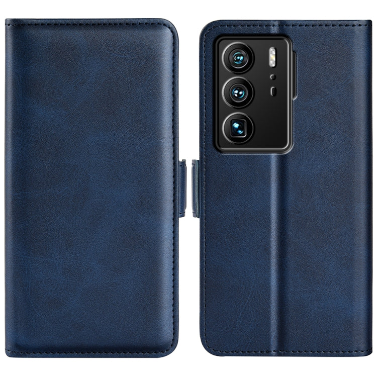 Dark blue leather flip phone wallet case with magnetic side buckle and camera cutout for ZTE Axon 40 Ultra