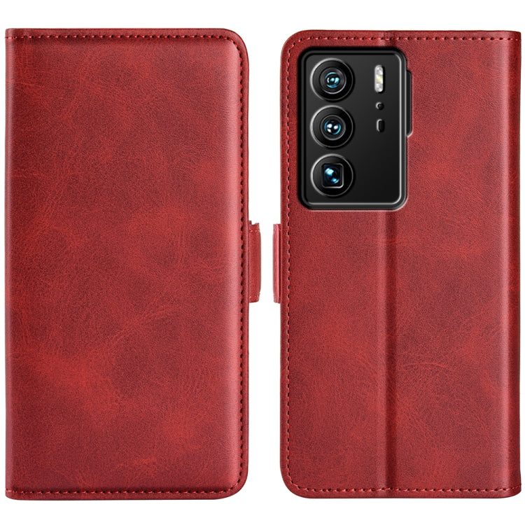 Red leather flip phone wallet case with magnetic side buckle and camera cutout for ZTE Axon 40 Ultra