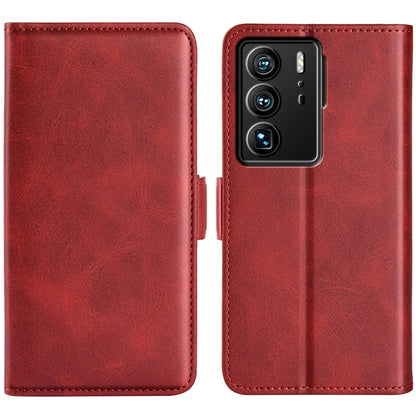 Red leather flip phone wallet case with magnetic side buckle and camera cutout for ZTE Axon 40 Ultra