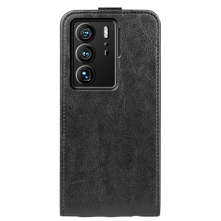 Black textured leather vertical flip phone case with camera cutout on back