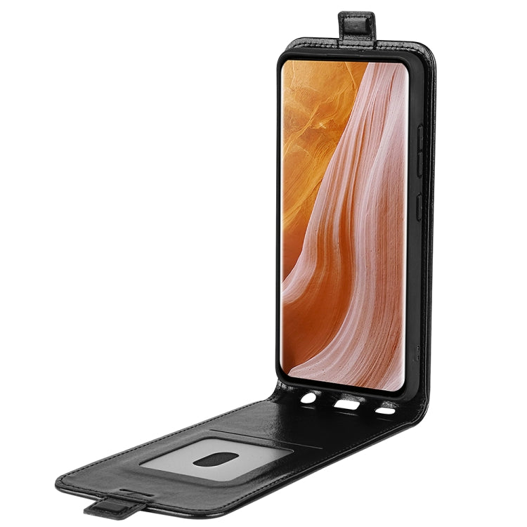 Black textured leather vertical flip phone case with open cover and card slot