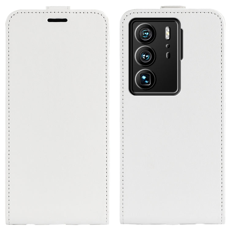 White textured leather vertical flip phone case with camera cutout and side opening