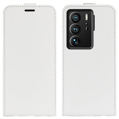 White textured leather vertical flip phone case with camera cutout and side opening