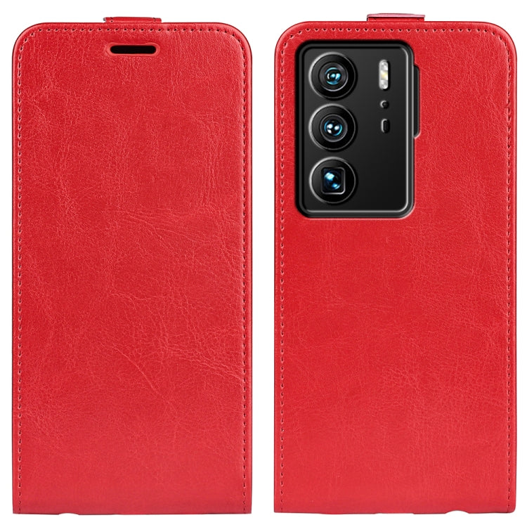 Red textured leather vertical flip phone case with camera cutout and stitched edges
