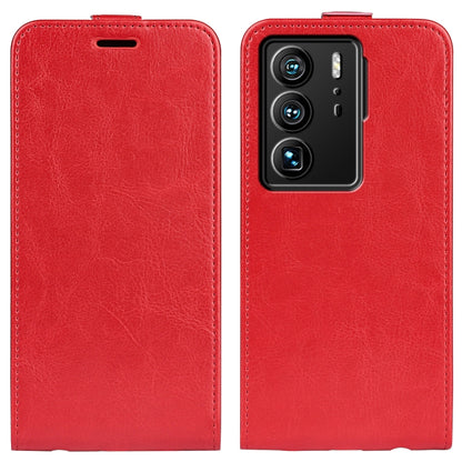 Red textured leather vertical flip phone case with camera cutout and stitched edges