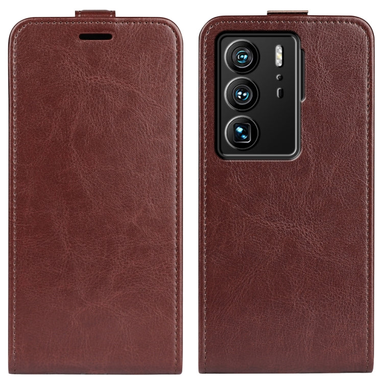 Brown textured leather vertical flip phone case with camera cutout and protective flap