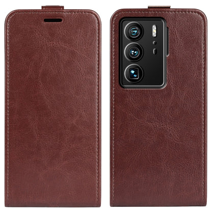 Brown textured leather vertical flip phone case with camera cutout and protective flap