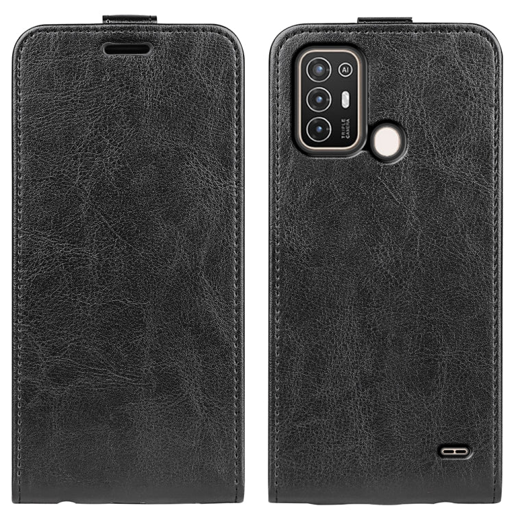 Vertical flip leather phone case for ZTE Blade A52, black front and back views.