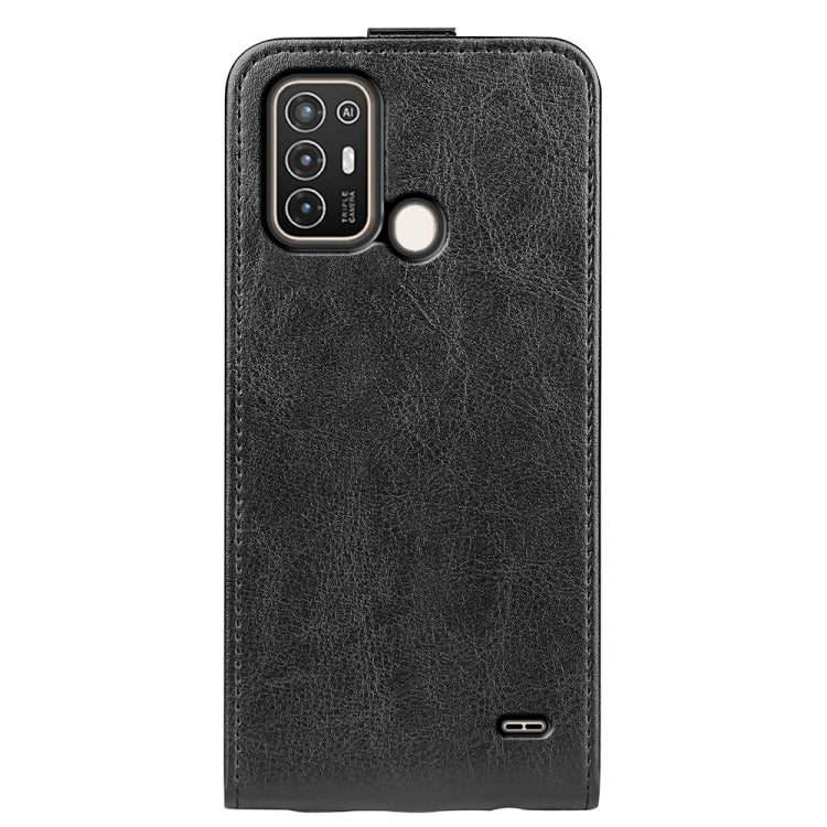 Vertical flip leather phone case for ZTE Blade A52, black back with camera and flash openings.