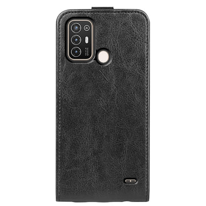 Vertical flip leather phone case for ZTE Blade A52, black back with camera and flash openings.