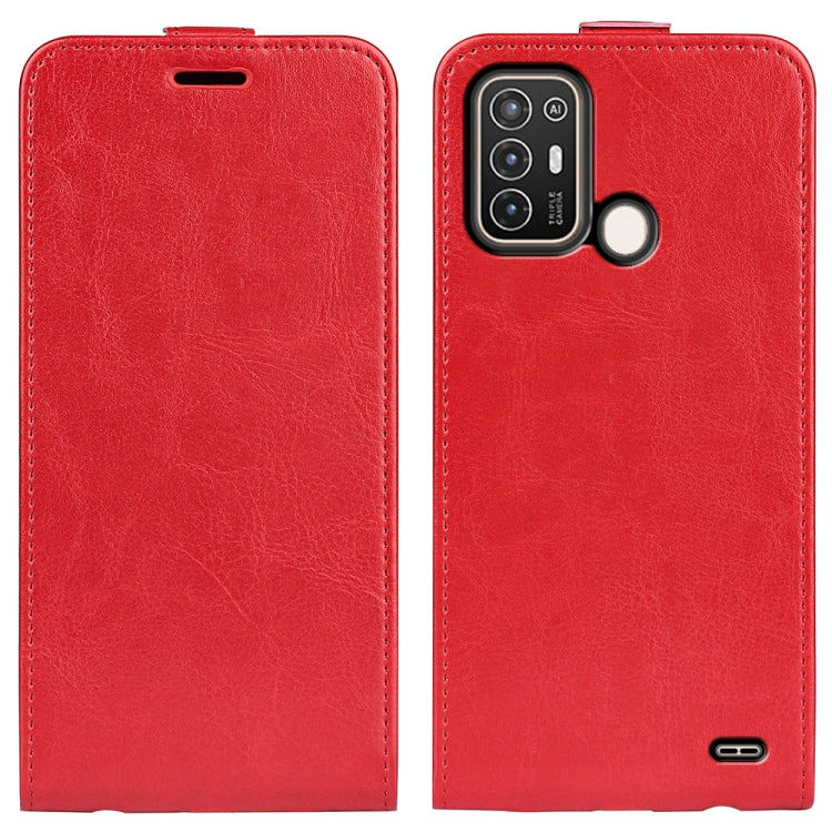 Vertical flip leather phone case for ZTE Blade A52, red front and back views.
