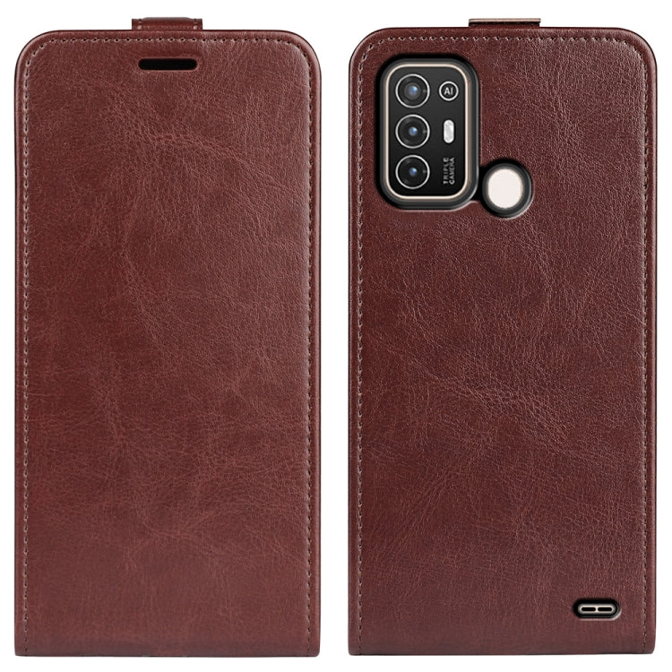 Vertical flip leather phone case for ZTE Blade A52, brown front and back views.