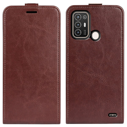 Vertical flip leather phone case for ZTE Blade A52, brown front and back views.