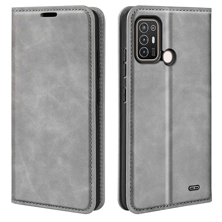 Grey magnetic leather wallet phone case with camera cutout and stitched trim