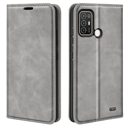 Grey magnetic leather wallet phone case with camera cutout and stitched trim