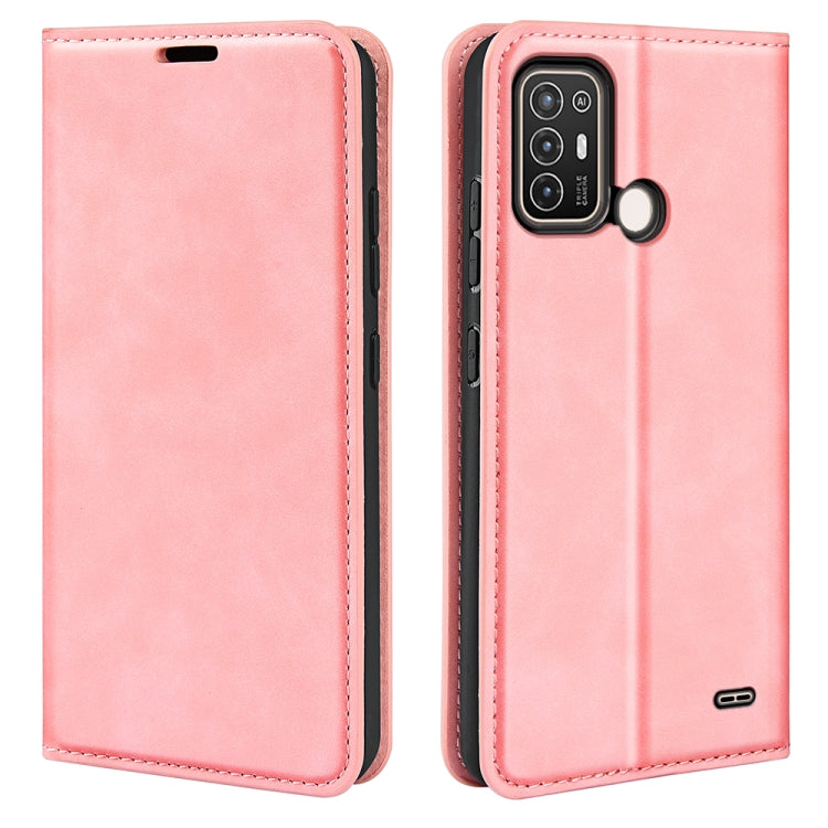 Pink magnetic leather wallet phone case with camera cutout and stitched edges
