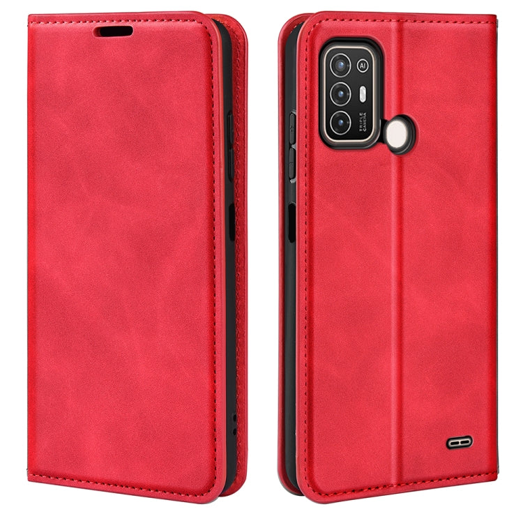 Red magnetic leather wallet phone case with camera opening and stitched trim