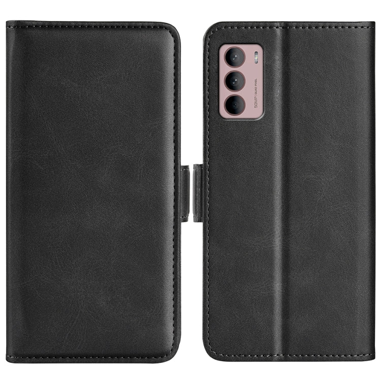 Black leather dual-side magnetic buckle phone case with stitched edges and camera cutout