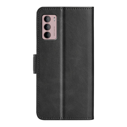 Black leather flip phone case with camera cutout and magnetic side buckle