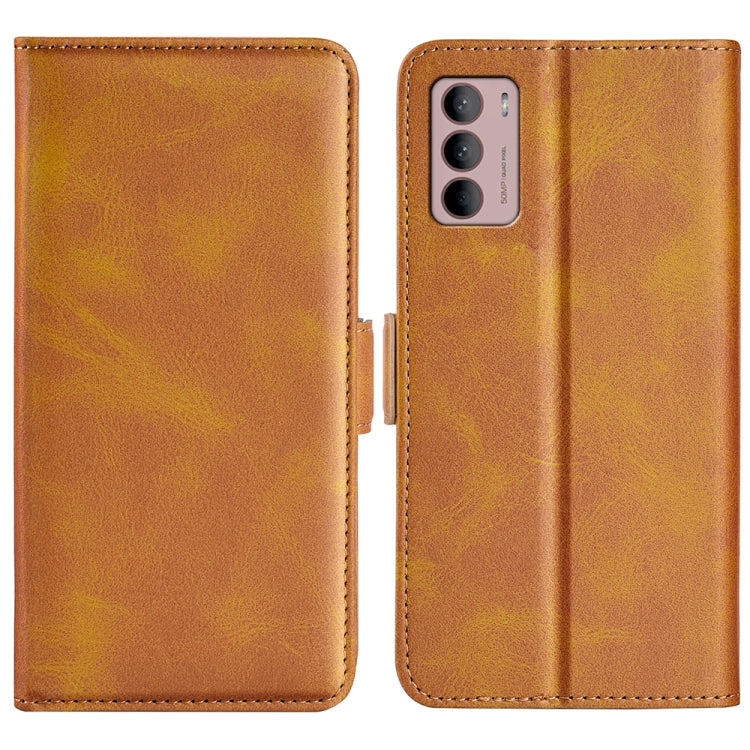 Tan/brown leather dual-side magnetic buckle phone case with stitched edges