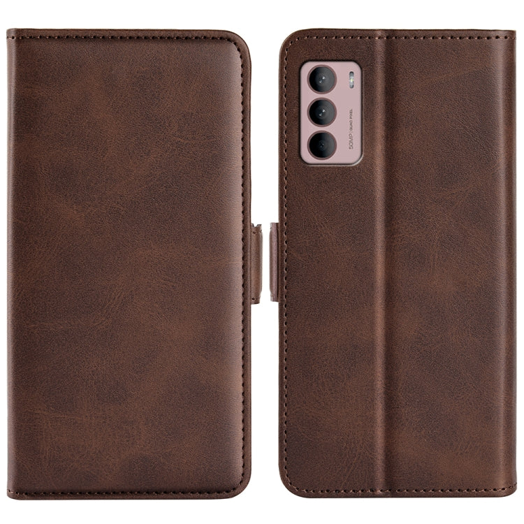 Brown leather dual-side magnetic buckle phone case with camera cutout