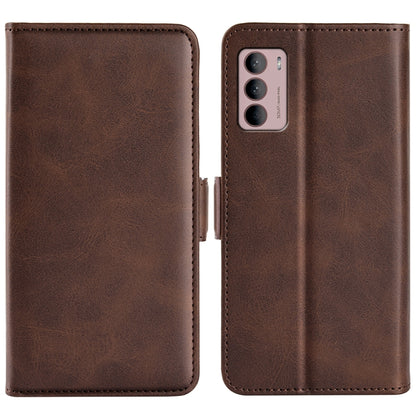 Brown leather dual-side magnetic buckle phone case with camera cutout