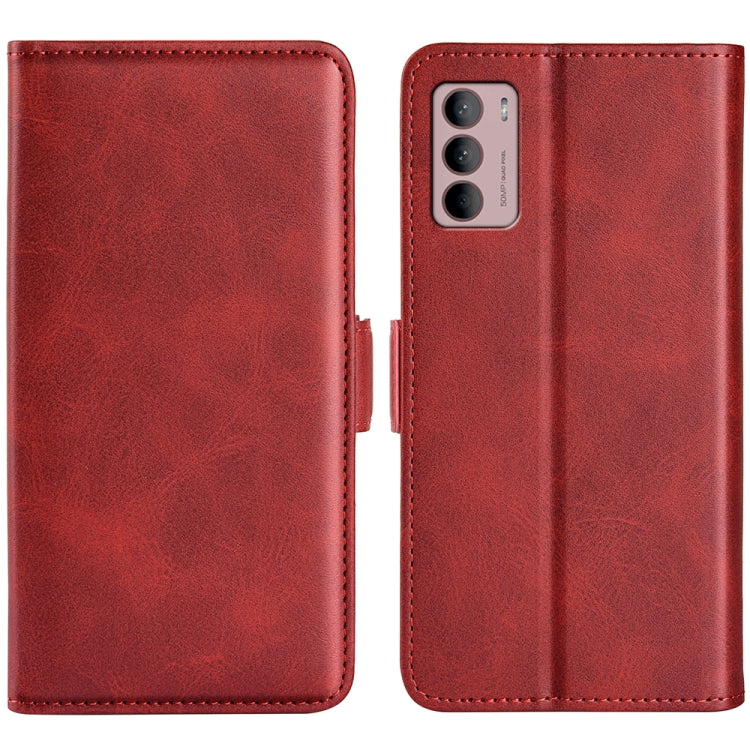 Red leather dual-side magnetic buckle phone case with camera cutout and stitching