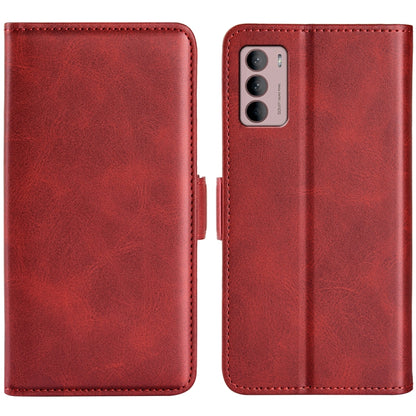 Red leather dual-side magnetic buckle phone case with camera cutout and stitching