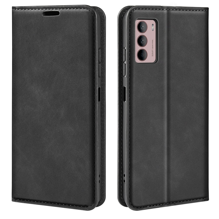 Black leather magnetic suction phone case with protective flip cover, for Moto G42