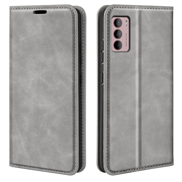 Grey leather magnetic suction phone case with protective flip cover, for Moto G42