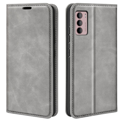 Grey leather magnetic suction phone case with protective flip cover, for Moto G42