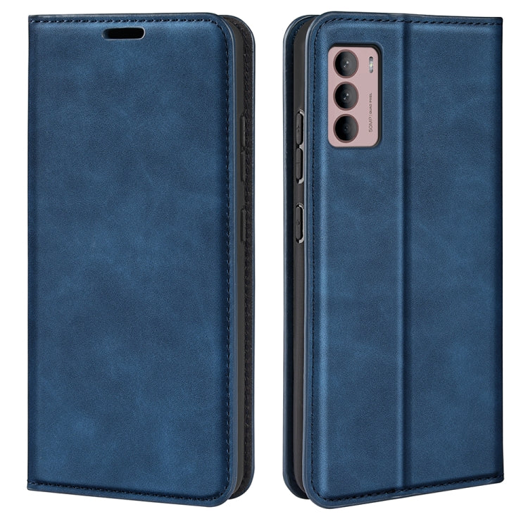 Dark blue leather magnetic suction phone case with protective flip cover, for Moto G42