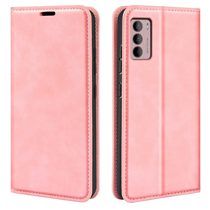Pink leather magnetic suction phone case with protective flip cover, for Moto G42