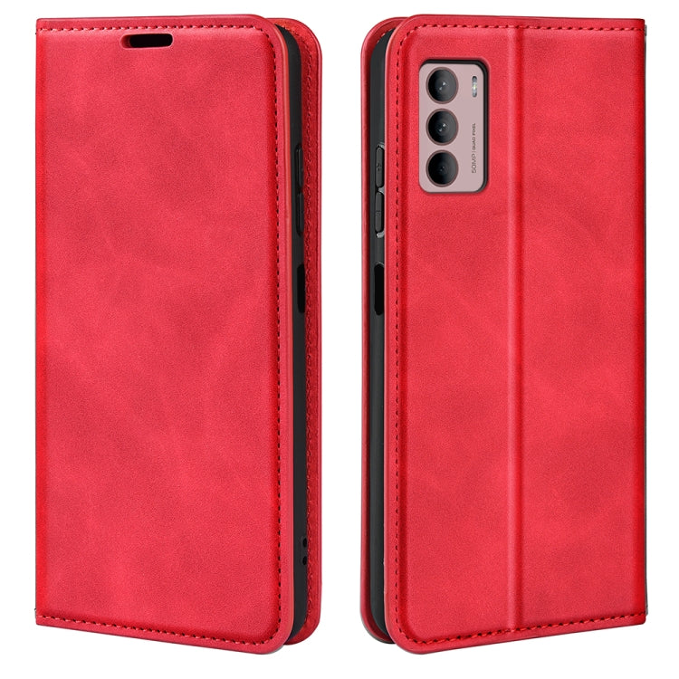 Red leather magnetic suction phone case with protective flip cover, for Moto G42