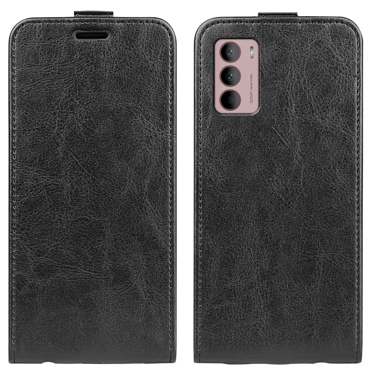 Black vertical flip leather phone case with camera cutout and magnetic tab