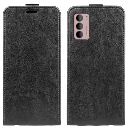 Black vertical flip leather phone case with camera cutout and magnetic tab