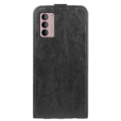 Black vertical flip leather phone case with front camera window and protective flap