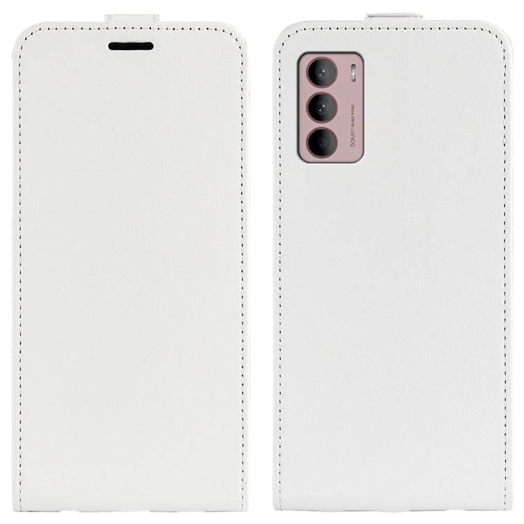 White vertical flip leather phone case with camera cutout and stitched trim