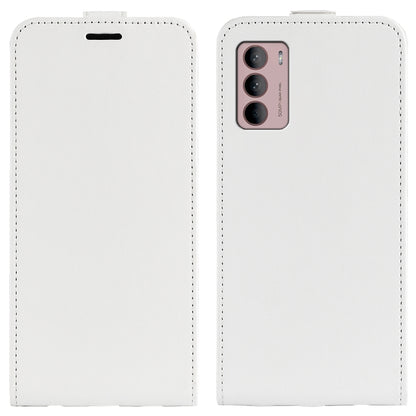 White vertical flip leather phone case with camera cutout and stitched trim