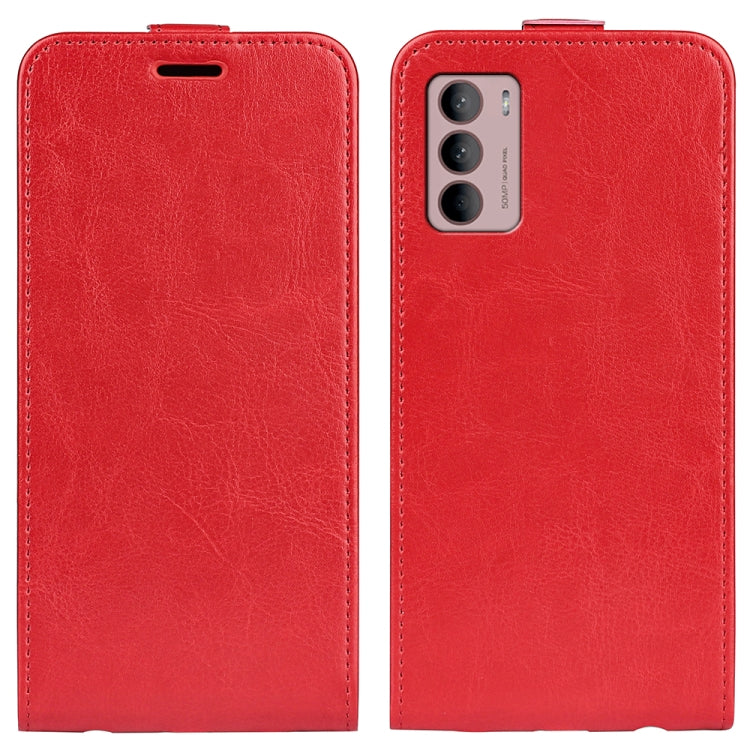 Red vertical flip leather phone case with camera cutout and top magnetic tab