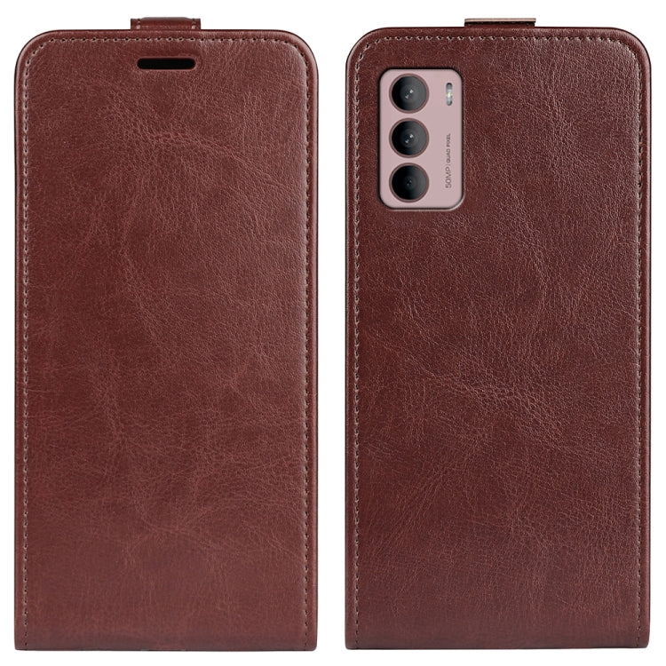 Brown vertical flip leather phone case with camera cutout and stitched border