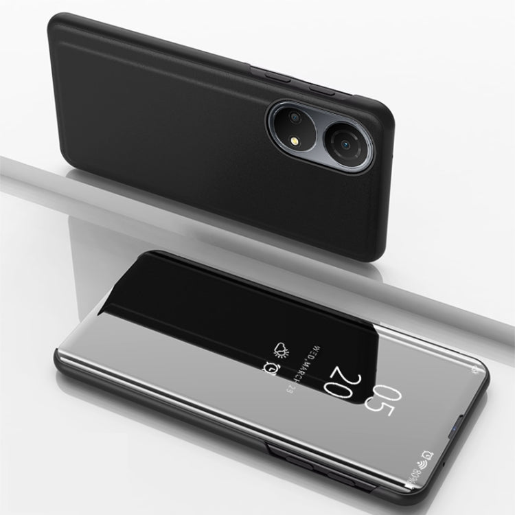 Black horizontal flip leather phone case with mirrored front, camera cutouts