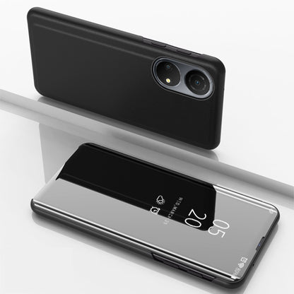 Black horizontal flip leather phone case with mirrored front, camera cutouts